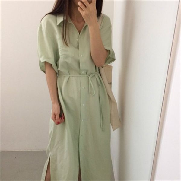 

casual dresses 2021-summer fresh little korean loose big lazy single-breasted shirt-style willon lace green, Black;gray