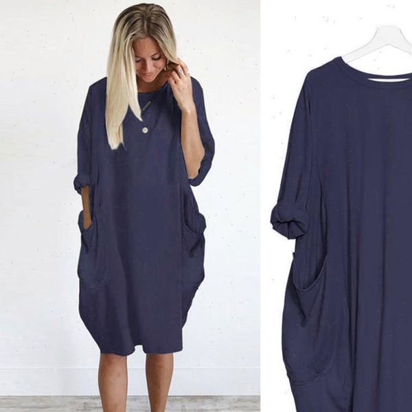 

plus size ropa mujer women dress casual midi long sleeve pockets loose solid color oversized yj2, Black;gray