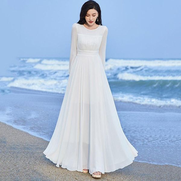 

casual dresses 2021 ladies long sleeve chiffon dress o-neck slim temperament bohemian beach white big swing vestidos aq1233, Black;gray