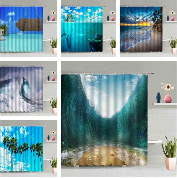 

sea wave shower curtain ocean blue sky sandy beach scenery bathroom decor underwater world wall hanging curtains bath screen set
