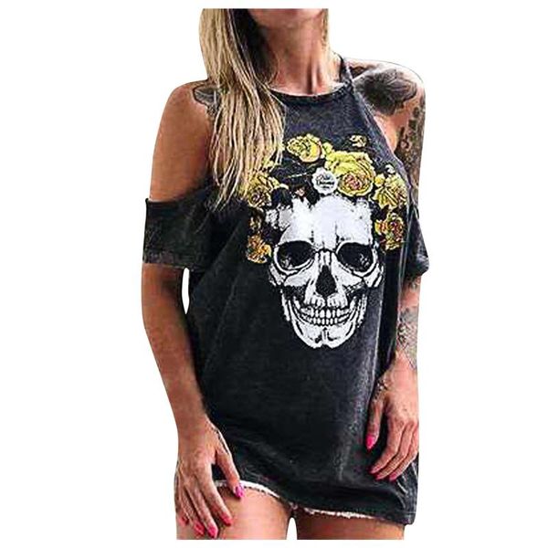 

women's t-shirt 2xl strapless vintage blouses for women 2021 fashion loose skull print shirt with straps casual pullover, White