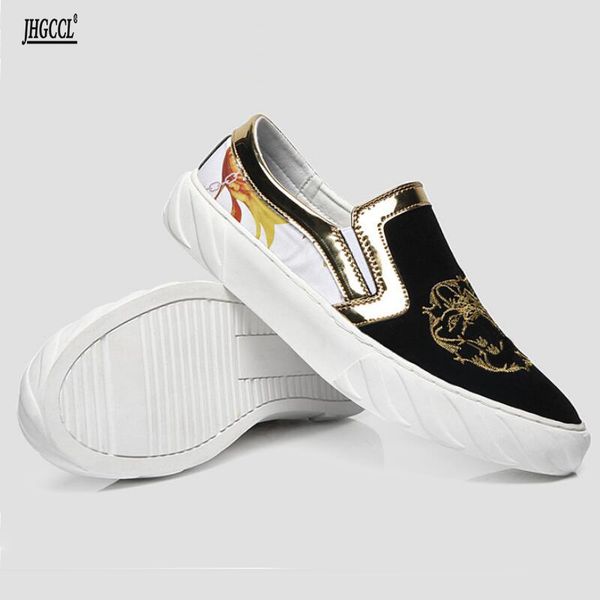 

luxe men's shoes spring and autumn a foot gold embroidery fashion men shoe new trend bean fisherman board shos zapatos hombre 38-45 a15, Black