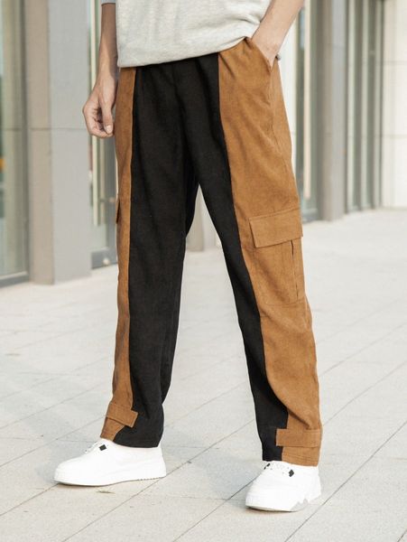 

men two tone corduroy cargo pants a9ab#, Black