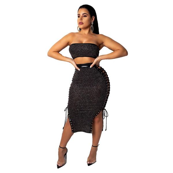 

women's two piece pants 2 set women 2021 fashion tie up black sequin crop and long skirts sets party club sparkling outfits, White