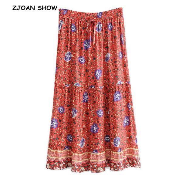 

skirts 2021 bohemian floral print spliced wood ears ruffles skirt ethnic woman bow tied elastic waist swing ankle-length, Black