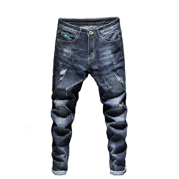 

men's jeans man 2021 dark blue stretch slim fit ripped streetwear frayed distressed pants letters biker guinness for men