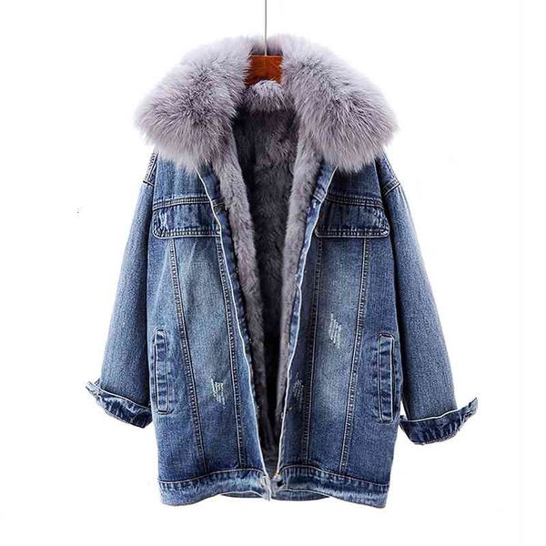 

women's fur & faux winter denim jacket women loose removable rabbit fur liner collar jeans vintage plus size thick warm outwea, Black