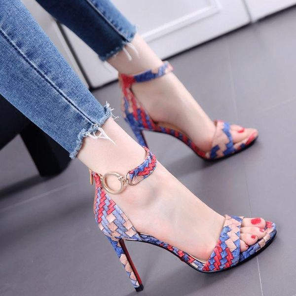 

sandals summer style korean open-toe one-word buckle high heels color matching stiletto heel nightclub all-match female, Black