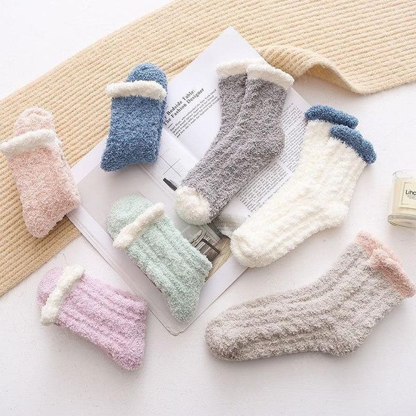 

7 colors coral fleece socks candy color floor sleep fuzzy girls winter warm fluffy thick towel sock women stockings, Pink;yellow