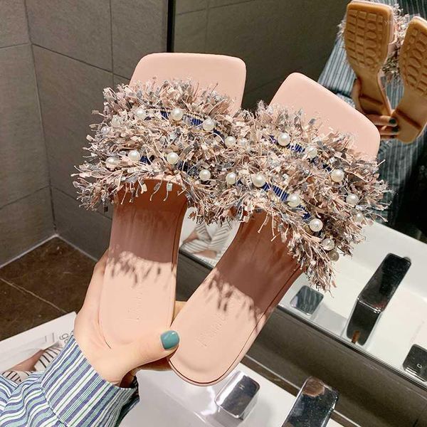 

slippers summer women pearl flip flop brand girl outdoor soft bottom beach shoes designer luxury open toed slip on1, Black