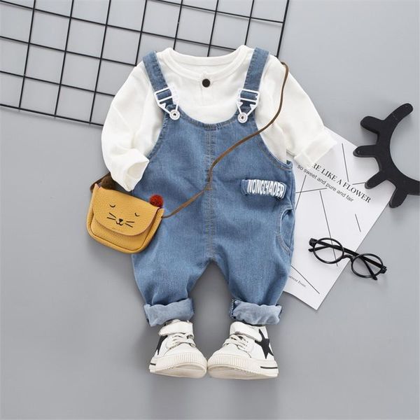 

clothing sets 2021 spring autumn infant clothes suits baby girls boys fashion t shirt denim bib pants 2 pcs kid children costume, White