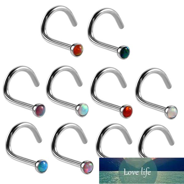 

10pcs/lot surgical steel opal stone nose rings & studs fashion body women jewelry nose piercing punk style piercing l-shape stud factory pri, Slivery;golden