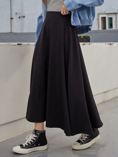 

dazy solid long flare skirt v8op#, Black