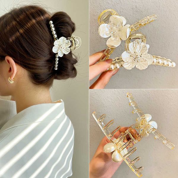 

pearl flower hairpin korean plate hair shark hairpin catch net, Slivery;white