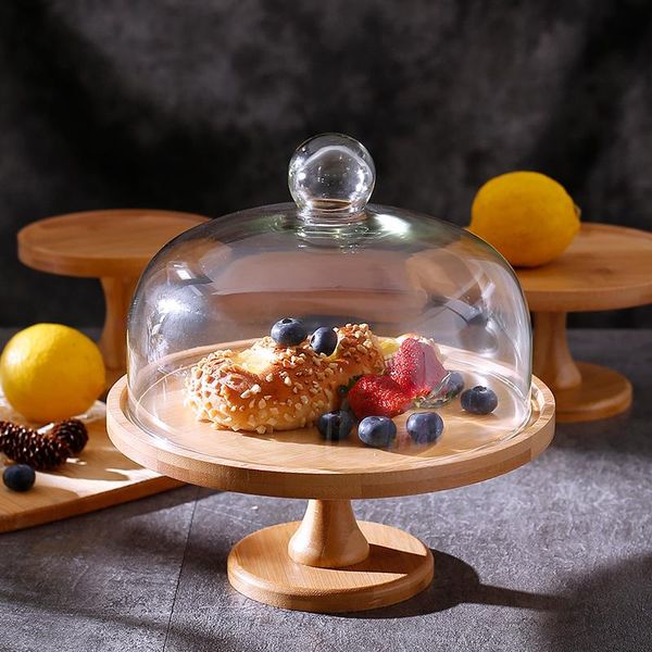 

other bakeware round / square bamboo high foot cake display tray bread fruit tasting with cover transparent glass stand