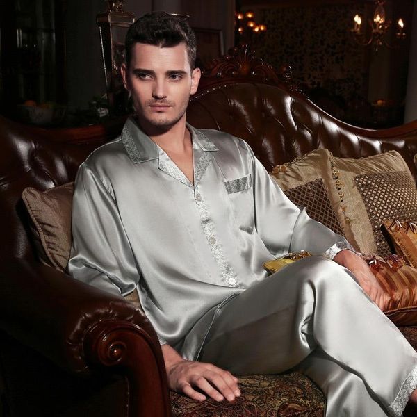 

men's sleepwear 100% silk pajamas two-piece men pyjama sets pure pajama male +pants satin pijama homewear, Black;brown
