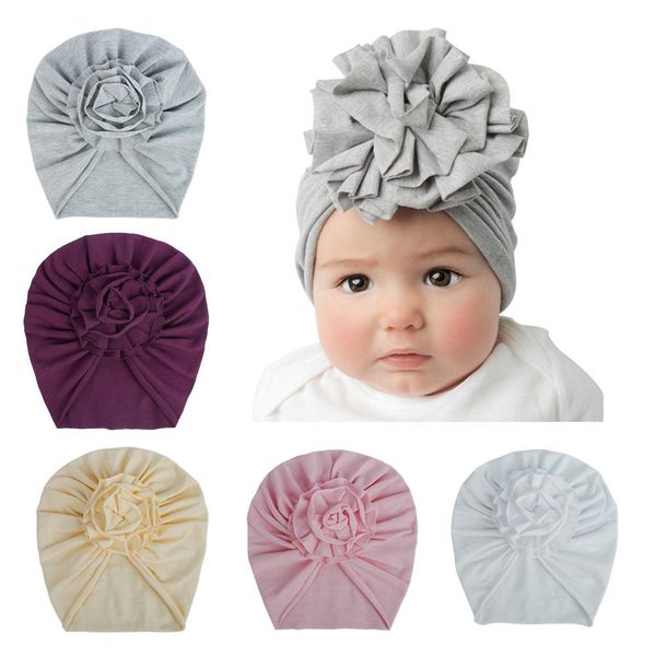 2021 INS 20 colori New Fashion Pieghettato Stereo Flower Baby Cap Elastic Cotton Tinta unita Accessori per capelli Beanie Cap Infant Turban Hats