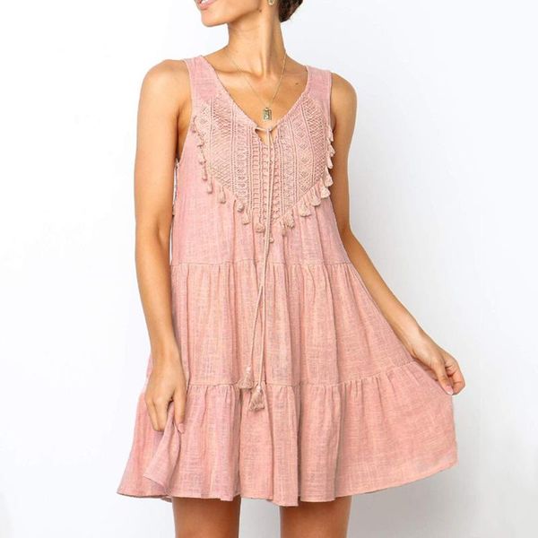 

casual dresses summer dress women v-neck sleeveless ruffled lace-up fit hollow out backless party vestidos female natural, Black;gray
