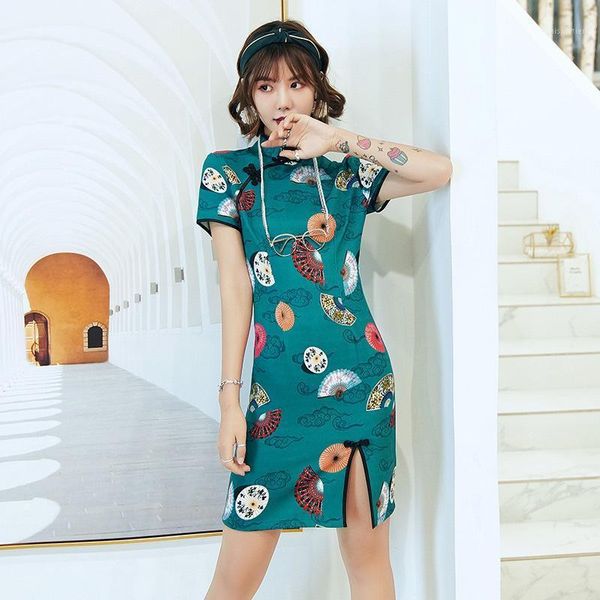 

Ethnic Clothing Satin Print Fans Cloud Qipao Sexy Slim Cheongsam Vintage Button Prom Party Dress Gown Lady Mandarin Collar Short Sleeve Vest, Red