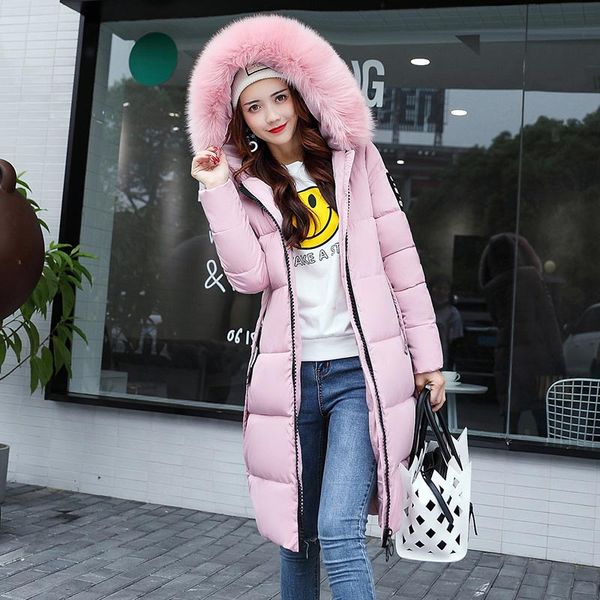 

winter jacket women down coats female 2021 long slim solid color female jackets zip fur collar women down jacket, Black