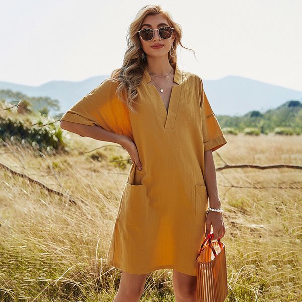 

spring new solid color half sleeve short loose pocket v neck elegant for women 2021 summer dress, Black;gray