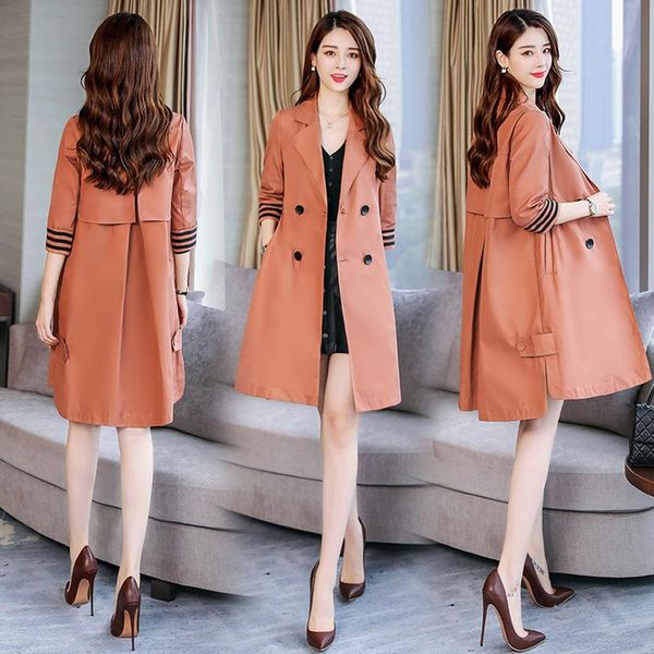 

women's trench coats mid-length windbreaker double-breasted seven points sleeve spring female lapel fashion temperament z462, Tan;black