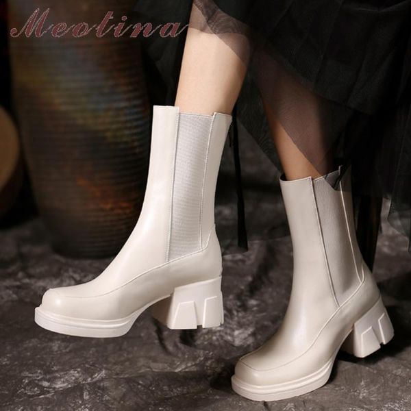 

boots meotina genuine leather ankle shoes women platform thick heel round toe high ladies short autumn winter, Black