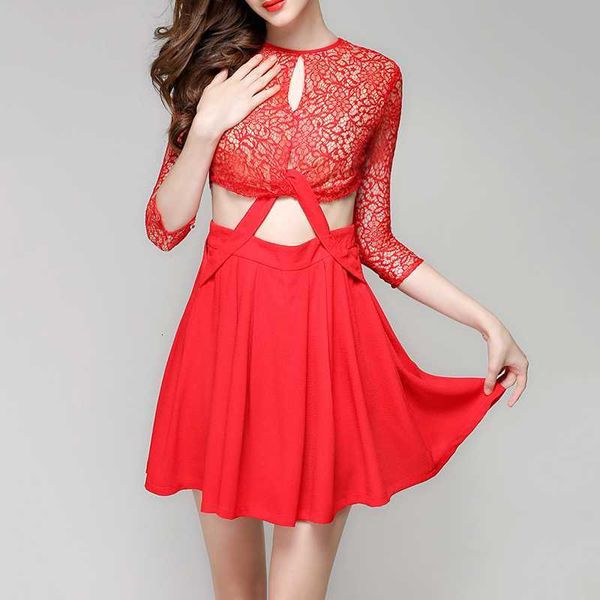 

casual dresses seebeautiful fashion spring summer lace self-cultivation hollow out o--neck high waist a word dress women w338 2r0r, Black;gray