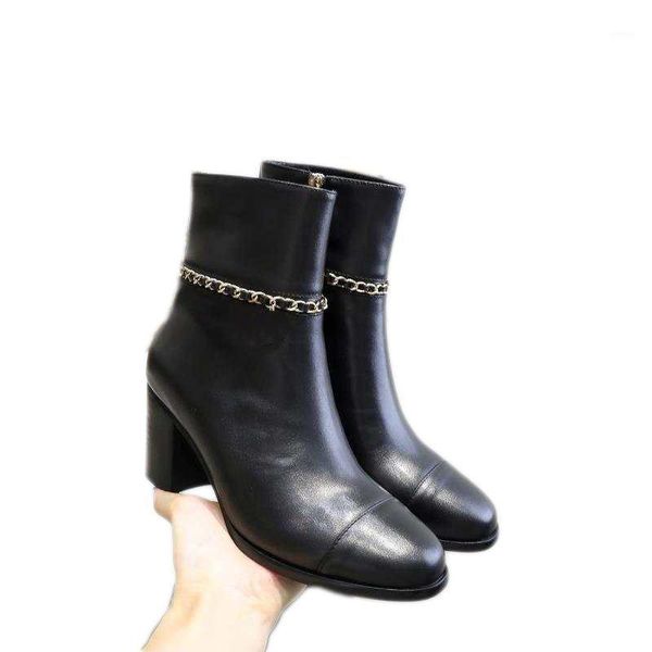 

boots fashion women's chain decor pointed toe ankle boottes for ladies genuine leather 6.5cm high heels booties1, Black