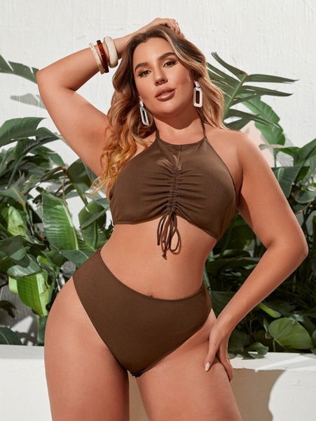 

plus plain rib drawstring bikini swimsuit v6e3#, Black