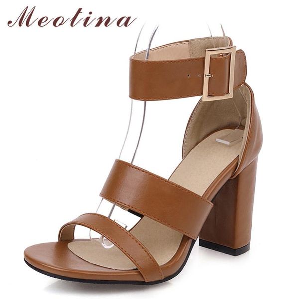 

meotina ankle wrap high heel sandals women shoes buckle block heels footwear female summer ladies brown large size 45, Black