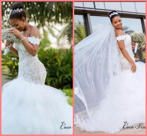 

2021 new arrival white tulle mermaid wedding dress cap sleeve off the shoulder v neck lace appliques beaded bridal gowns ruffled floor lengt