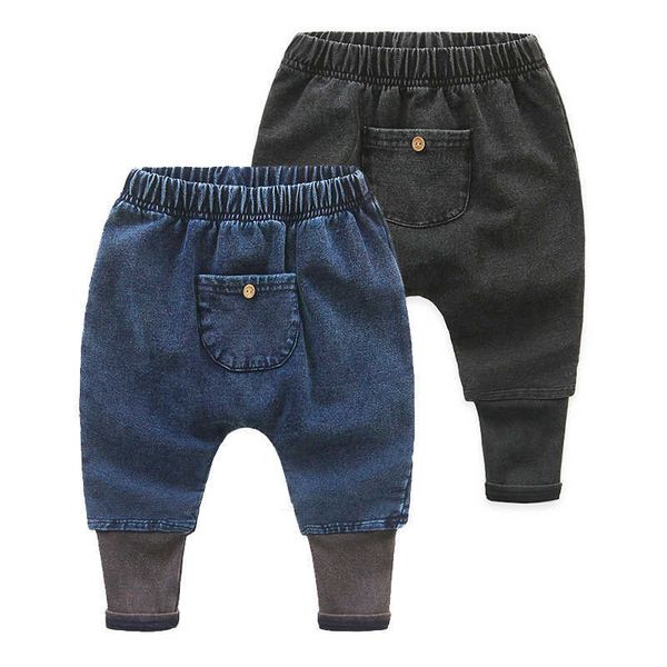 

winter warm casual 3 4-8 9 10 years children elastic baby kids patchwork pocket long denim plus velvet harem pants for boys 210701, Blue