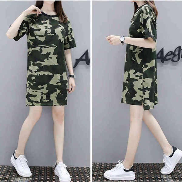 

women's t-shirt summer extra large size camouflage long loose casual short-sleeved shirt m73 ob83, White