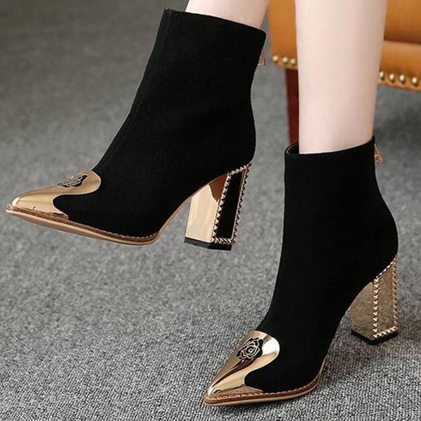 

boots women's 2021 ankle for women casual fashion winter metal deco rubber flock black bootie high heel ladies shoes