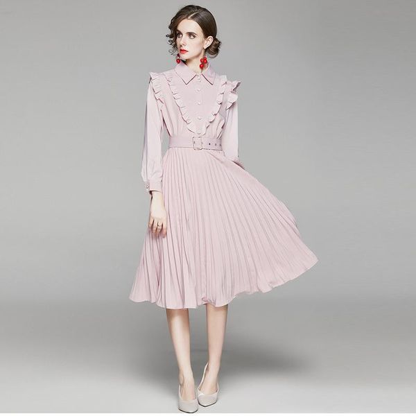 

casual dresses 2021 spring autumn women dress fashion pleated hem pink trimmed with agaric laces send the belt, Black;gray