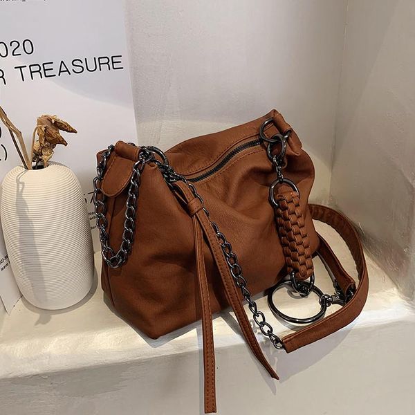 

totes vintage braiding women simple shoulder bag pu leather chain hobos messenger 2021 designer ladies handbags bolsas brown