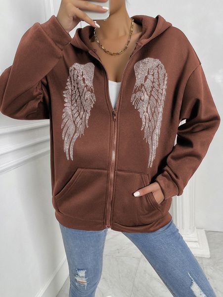 

rhinestone wings pattern thermal lined drop shoulder hoodie l1qr#, White;black