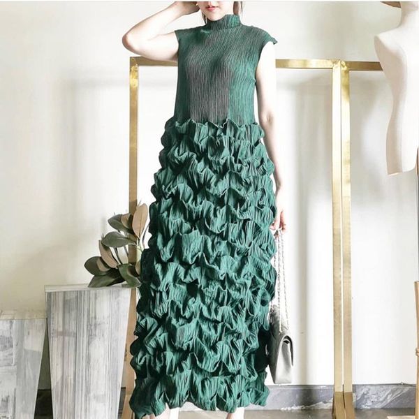 

casual dresses women dress fashion long ruffle pleated sleeveless party slim elegant vintage classic for, Black;gray