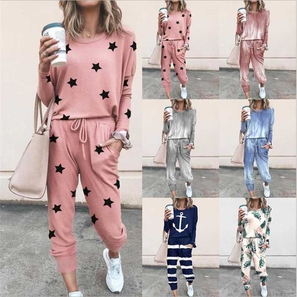 Mulheres manga comprida 2 pcs tracksuit conjunto casual impressão o pescoço solto tops cordão elástica cintura calça senhoras casa pijama ternos 211106