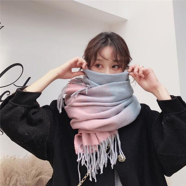 

scarves soft fringed bib 2021 autumn and winter korean warm gradient scarf women brand imitation cashmere shawl, Blue;gray
