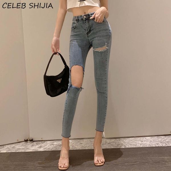 

vintage ripped skinny jeans for woman high waist elastic denim light blue pencil pants hole korean y2k jean female women's