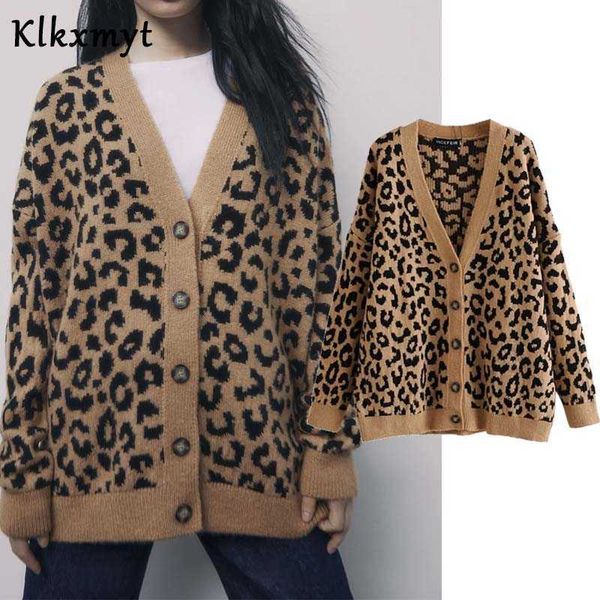 

klkxmyt za women fashion leopard printed knitted cardigan sweater vintage long sleeve v neck female outerwear chic 210527, White