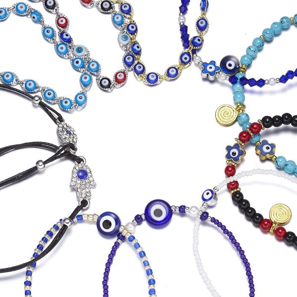 

hand catenary hand blue flower dragonfly evil eye diamond bead alloy bracelet, Black