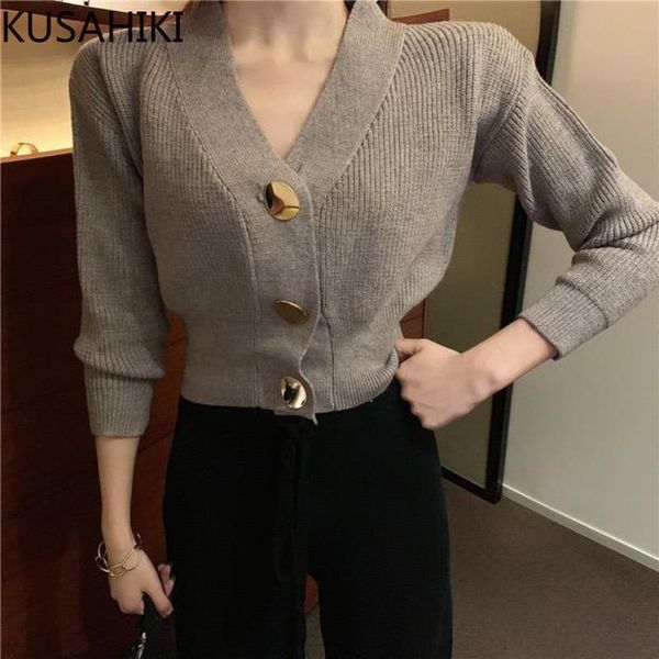 

women's knits & tees kusahiki 2021 autumn crop cardigan sweater slim short knitted korean long sleeve v-neck single breasted knitwear c, White