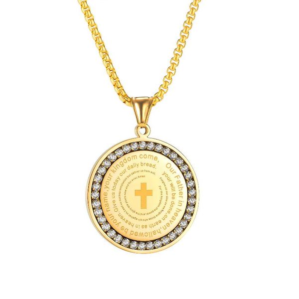 

chains european and american fashion style round cross pendant classic trendy all-match stainless steel necklace for men, Silver