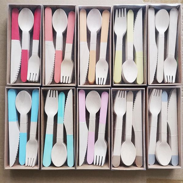 

24pcs rainbow color knife fork spoon set for baby kids 16cm candy wooden tableware disposable cutlery kits dinnerware