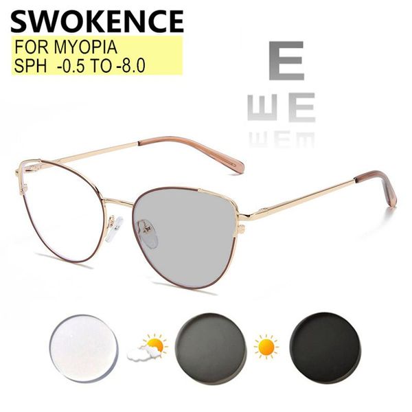 

sunglasses swokence aspheric lens myopia glasses prescription -0.5 to -8.0 women men cat eyes spring hinge anti blue ray pochromic f220, White;black