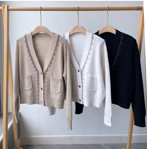 

women's knits & tees fyion 2021 fall runway vintage cashmere cardigan women diamonds v-neck buttons single breasted knitted sweater jum, White