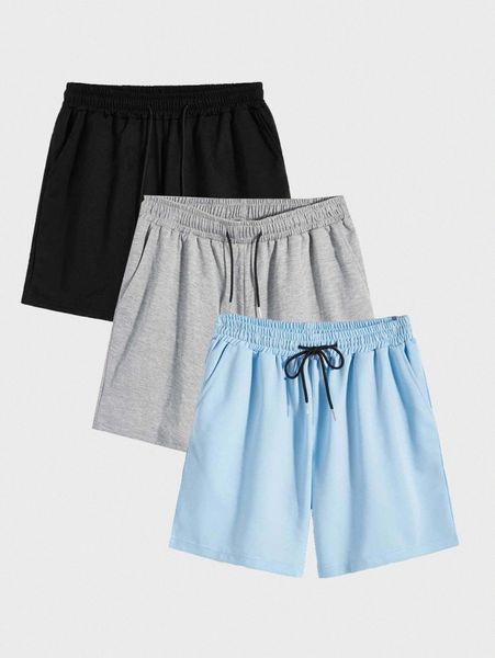 

romwe guys 3pcs solid hidden pocket drawstring shorts 93uh#, Black